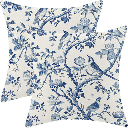 CXMEIFLY Spring Floral Pillow Covers 18 x 18 Inch Set of 2 for Navy Blue Chinoiserie Flowers Bird
