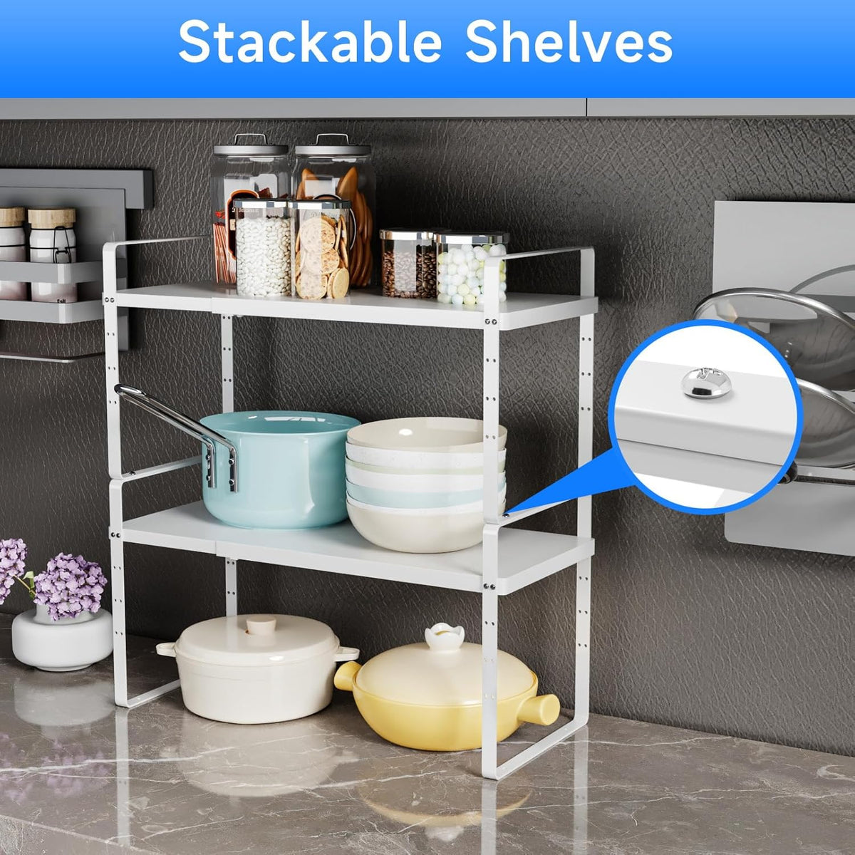 Expandable Cabinet Shelf Organizer, Stackable Kitchen Pantry Counter Storage, Adjustable Closet