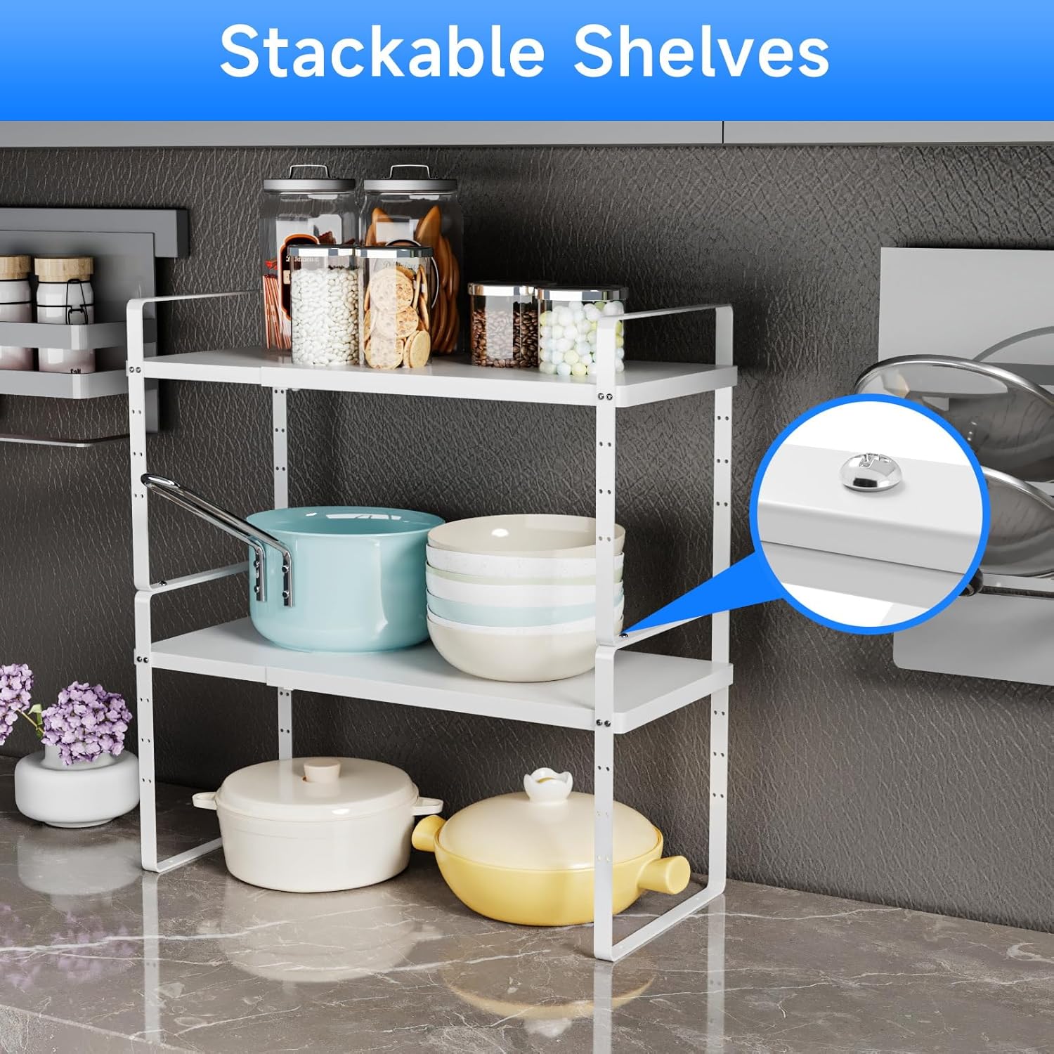 Expandable Cabinet Shelf Organizer, Stackable Kitchen Pantry Counter Storage, Adjustable Closet