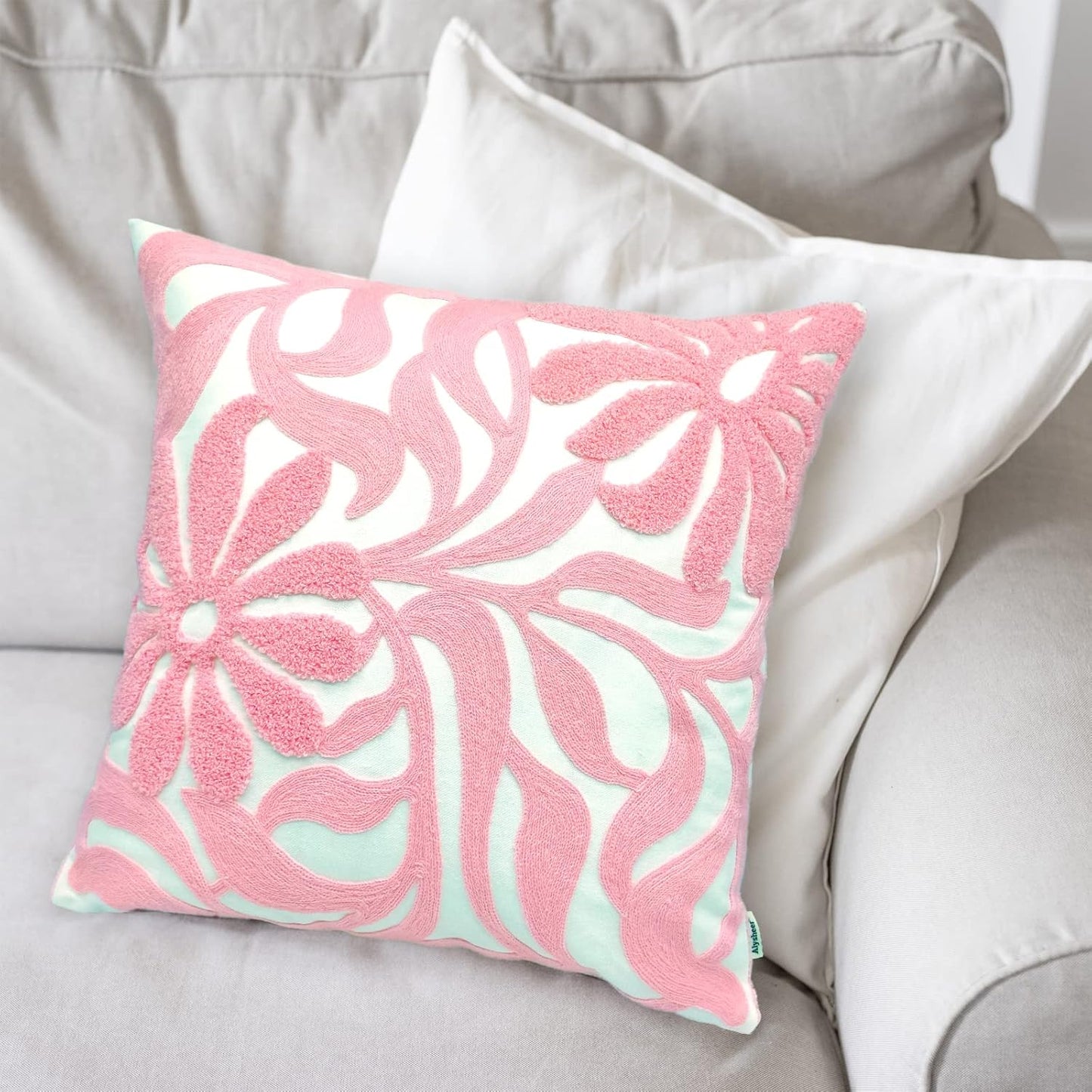 Alysheer Farmhouse Floral Leaves Embroidered Decorative Throw Pillow Cover 18x18 inches, Boho