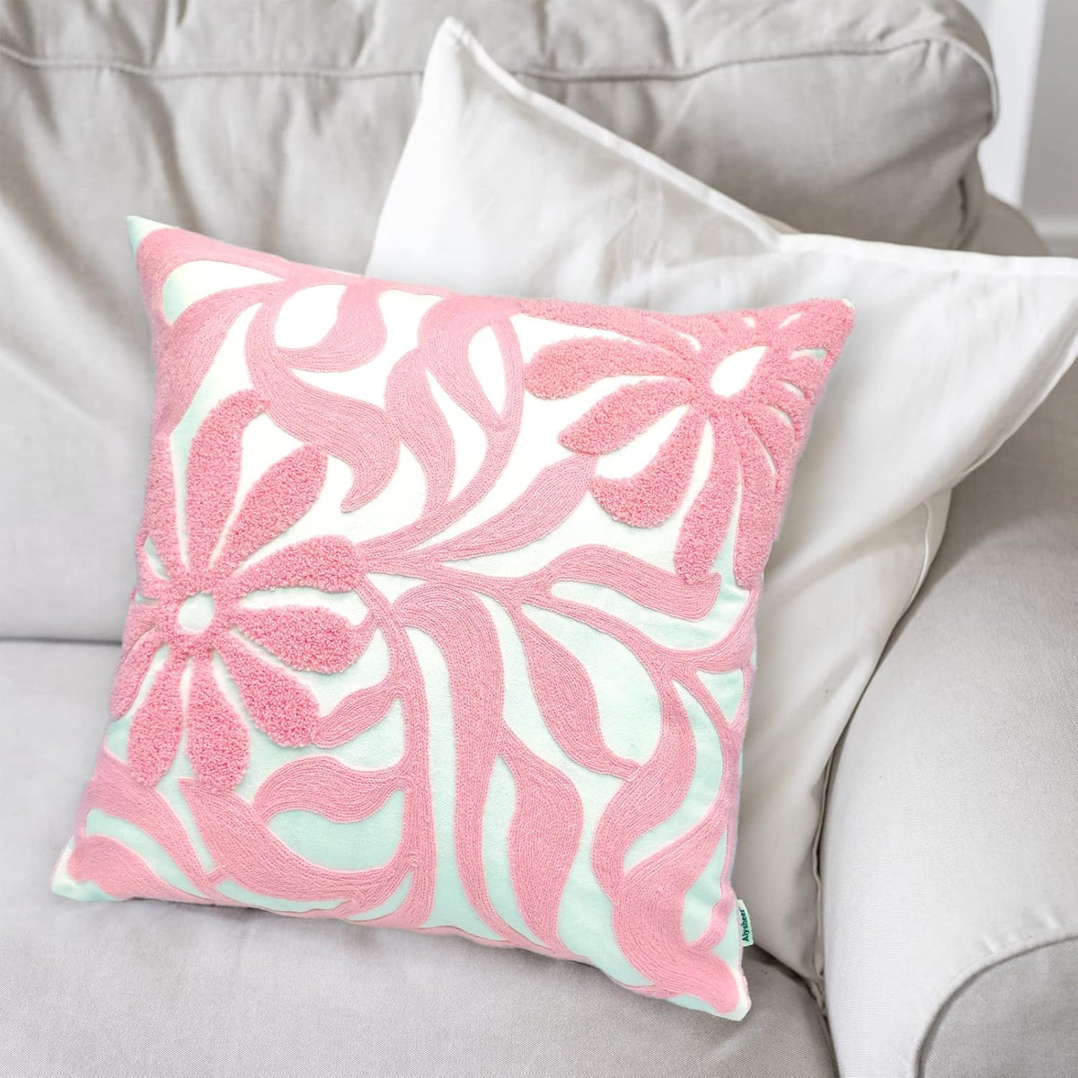 Alysheer Farmhouse Floral Leaves Embroidered Decorative Throw Pillow Cover 18x18 inches, Boho