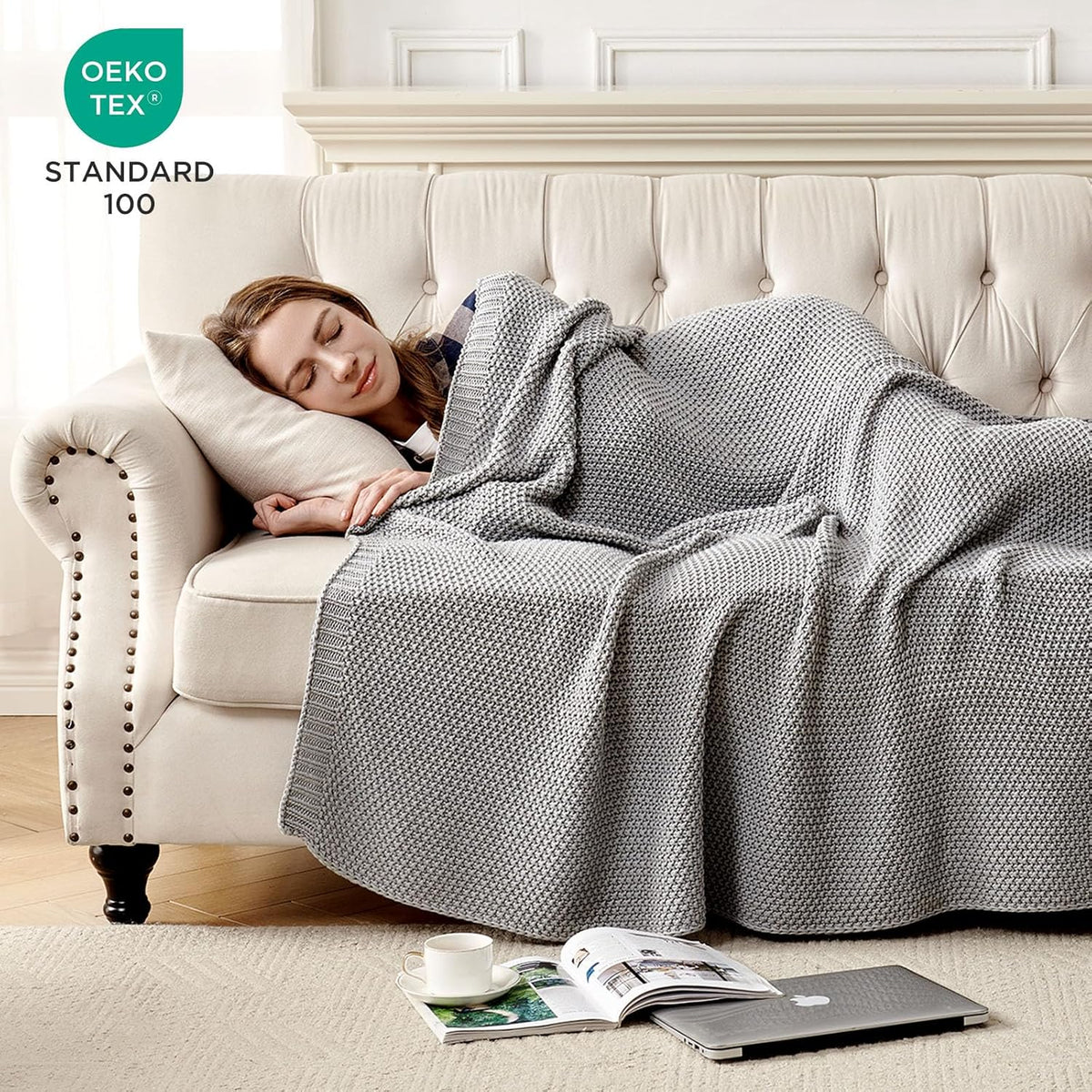 Joydeco Chunky Cable Knit Throw Blanket, Lightweight 100% Cotton Soft Cozy Throw Twin Blanket for