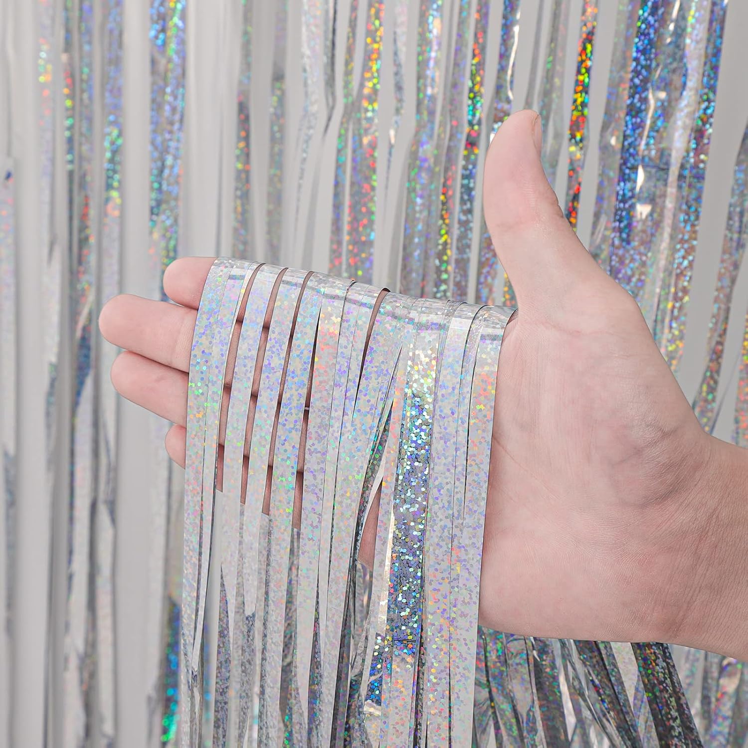 3 Pack 3.3x8.2 Feet Laser Silver Foil Fringe Backdrop Curtains, Tinsel Streamers Birthday Party