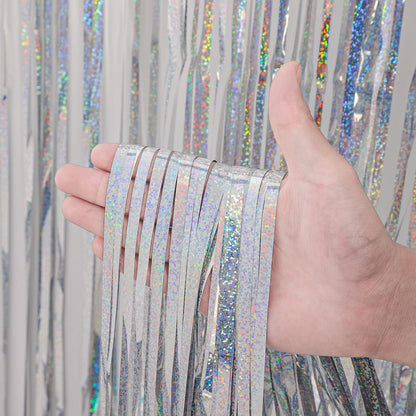 3 Pack 3.3x8.2 Feet Laser Silver Foil Fringe Backdrop Curtains, Tinsel Streamers Birthday Party