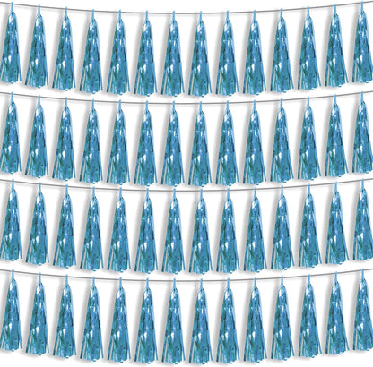 4P Light Blue Foil Fringe Metallic Streamers Banner Tassel Garland for Parade Floats, Bachelorette