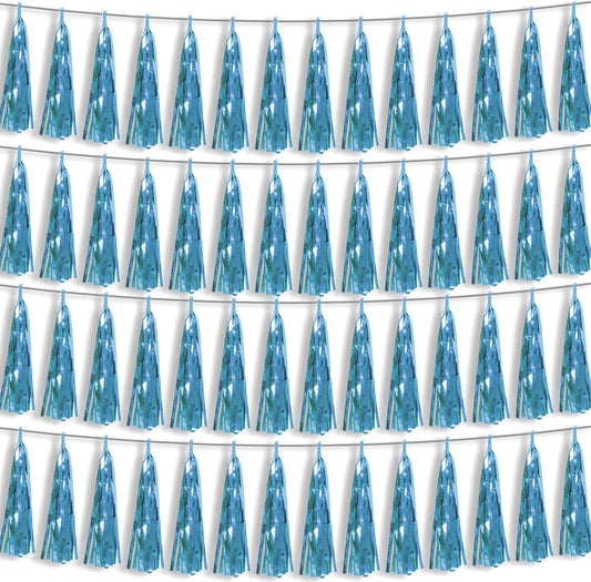 4P Light Blue Foil Fringe Metallic Streamers Banner Tassel Garland for Parade Floats, Bachelorette