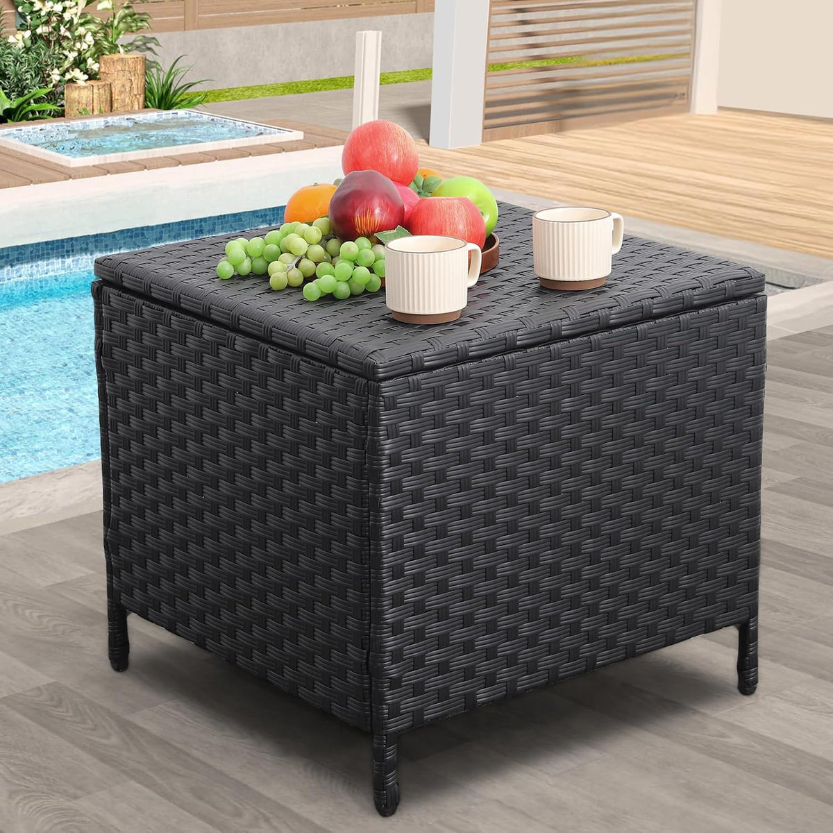 Outdoor Wicker Storage Side Table, Patio Black PE Rattan End Table with Storage, Square Container
