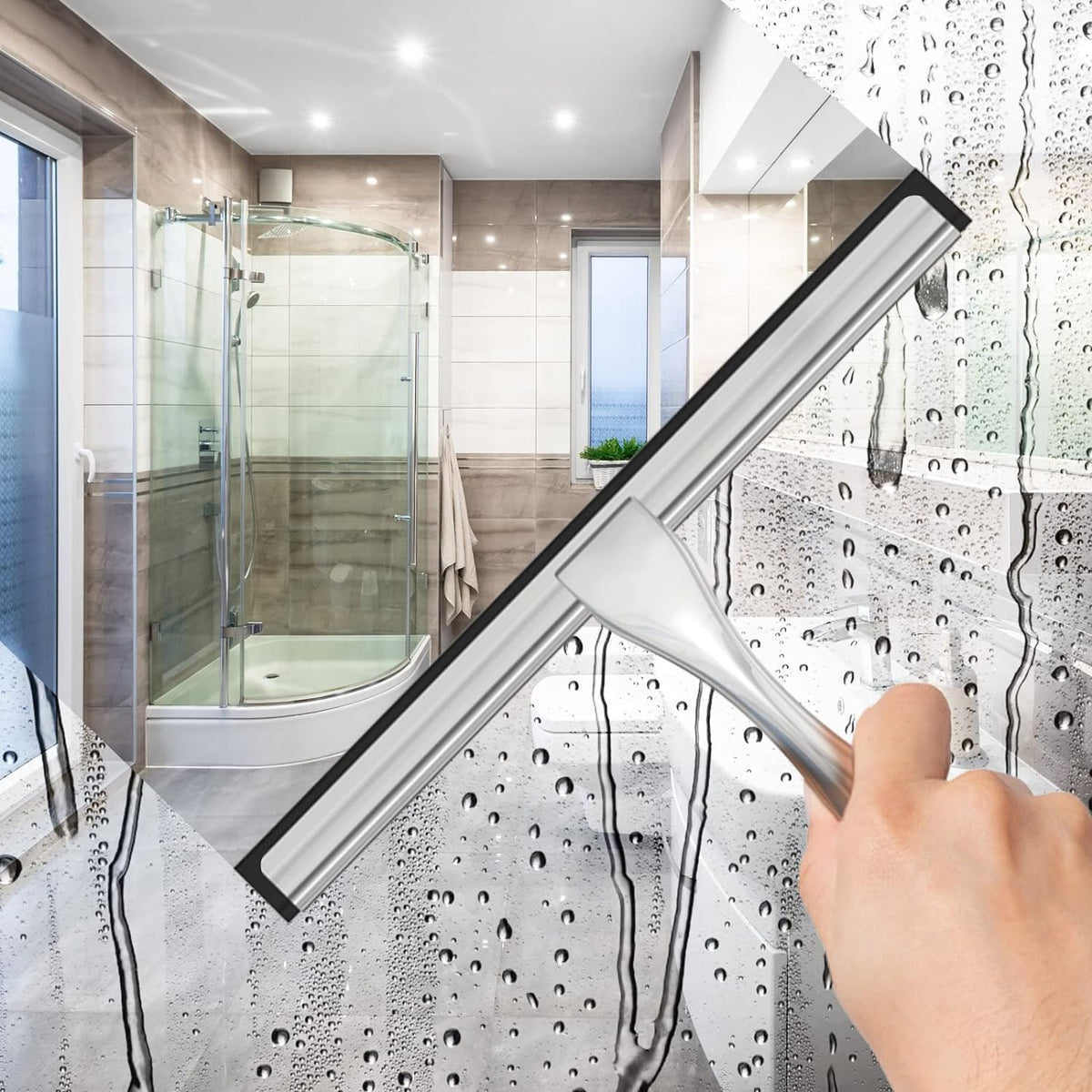 All-Purpose Stainless Steel Shower Squeegee for Shower Glass Door with 2 Adhesive Hooks, Bathroom