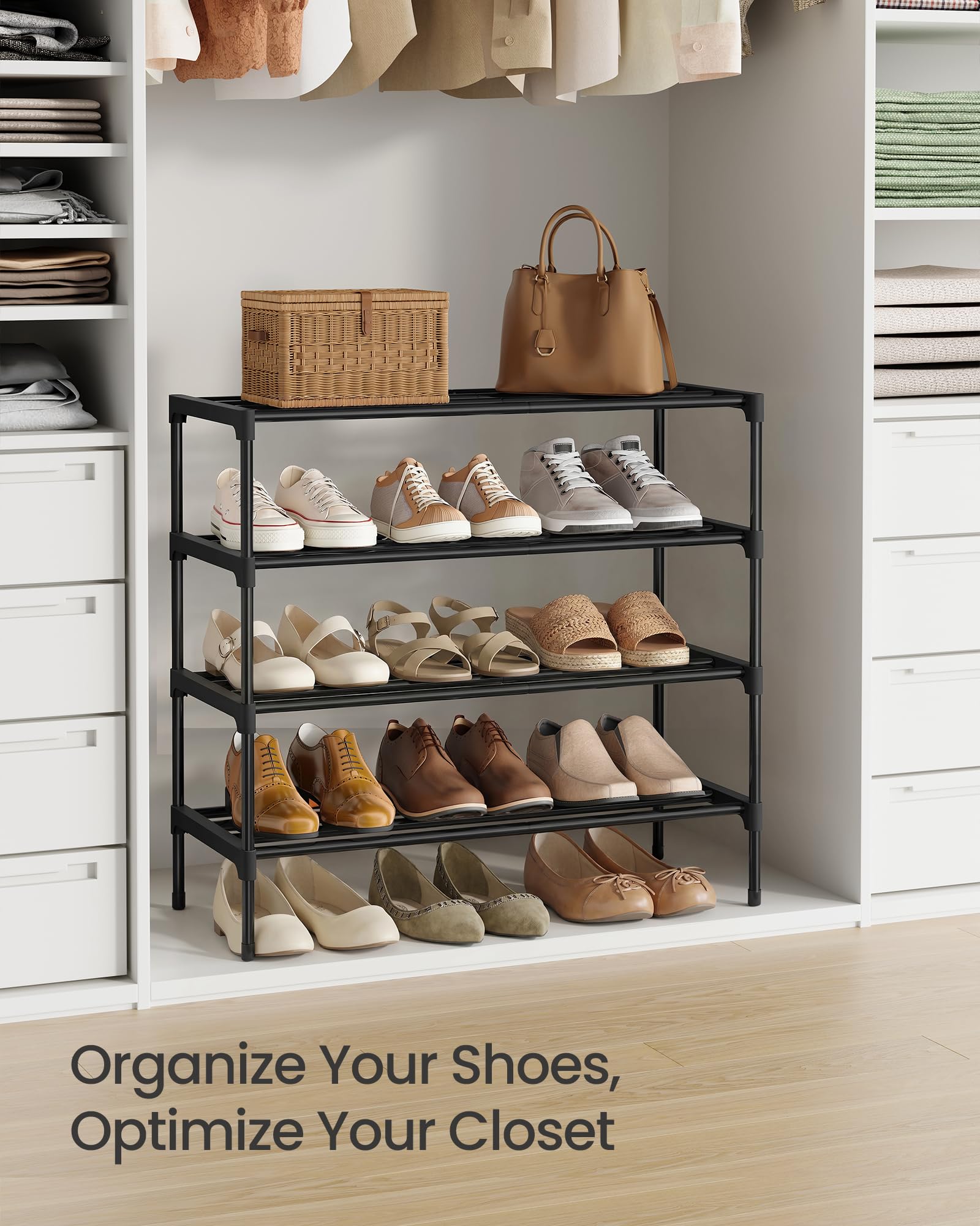 SONGMICS 4-Tier Shoe Rack, Stackable Compact Metal Shoe Storage Organizer