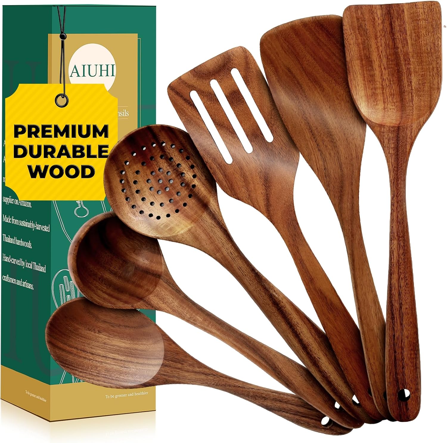 AIUHI Nonstick Natural Wooden Kitchen Utensils Set, Smooth Finish Teak Wood Spoons for Cooking