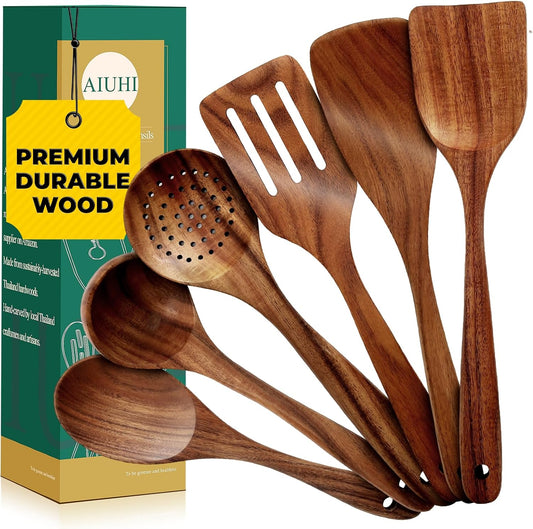 AIUHI Nonstick Natural Wooden Kitchen Utensils Set, Smooth Finish Teak Wood Spoons for Cooking
