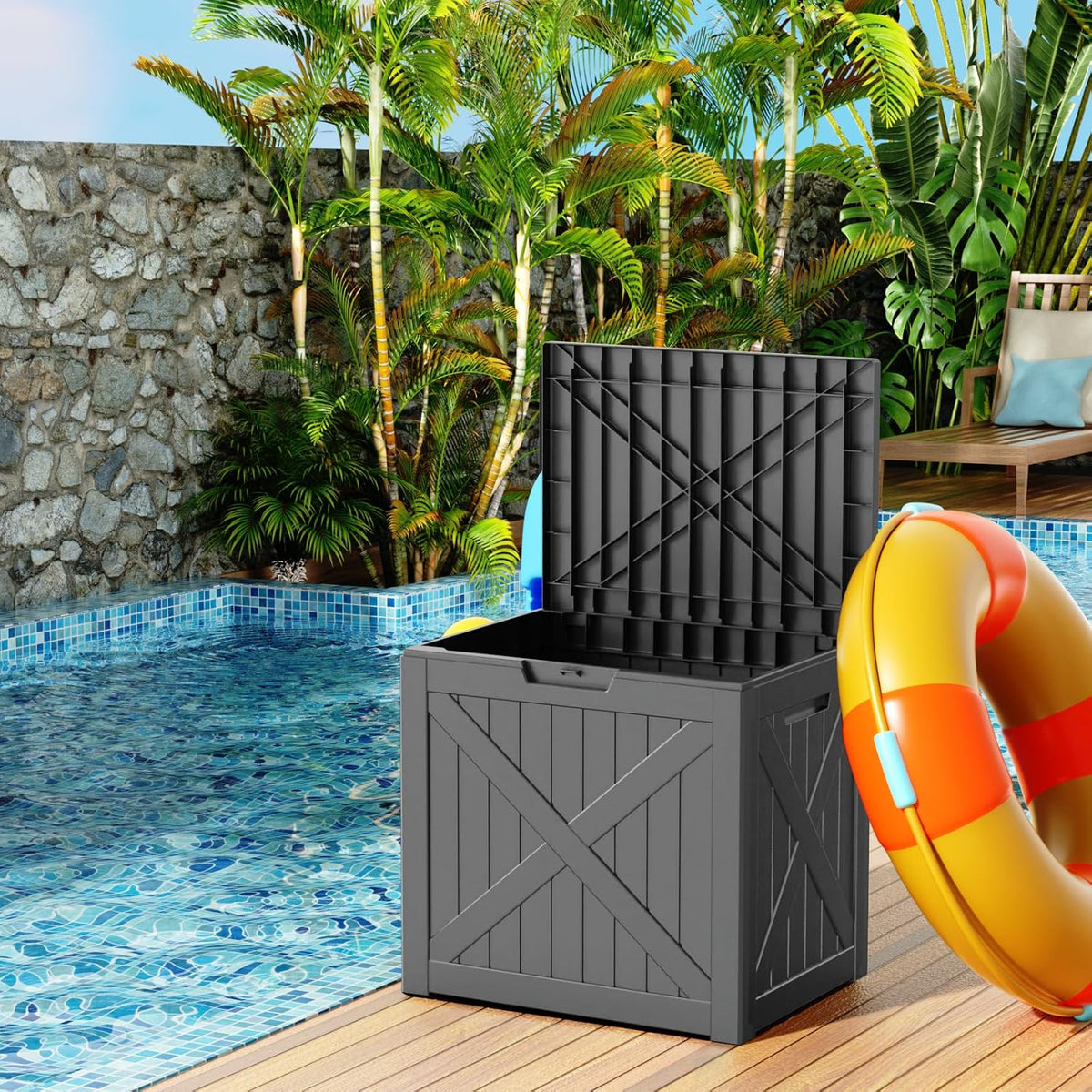 32 Gallon Resin Deck Box, Lockable Outdoor Storage Box for Patio Cushions Storage Furniture,Garden