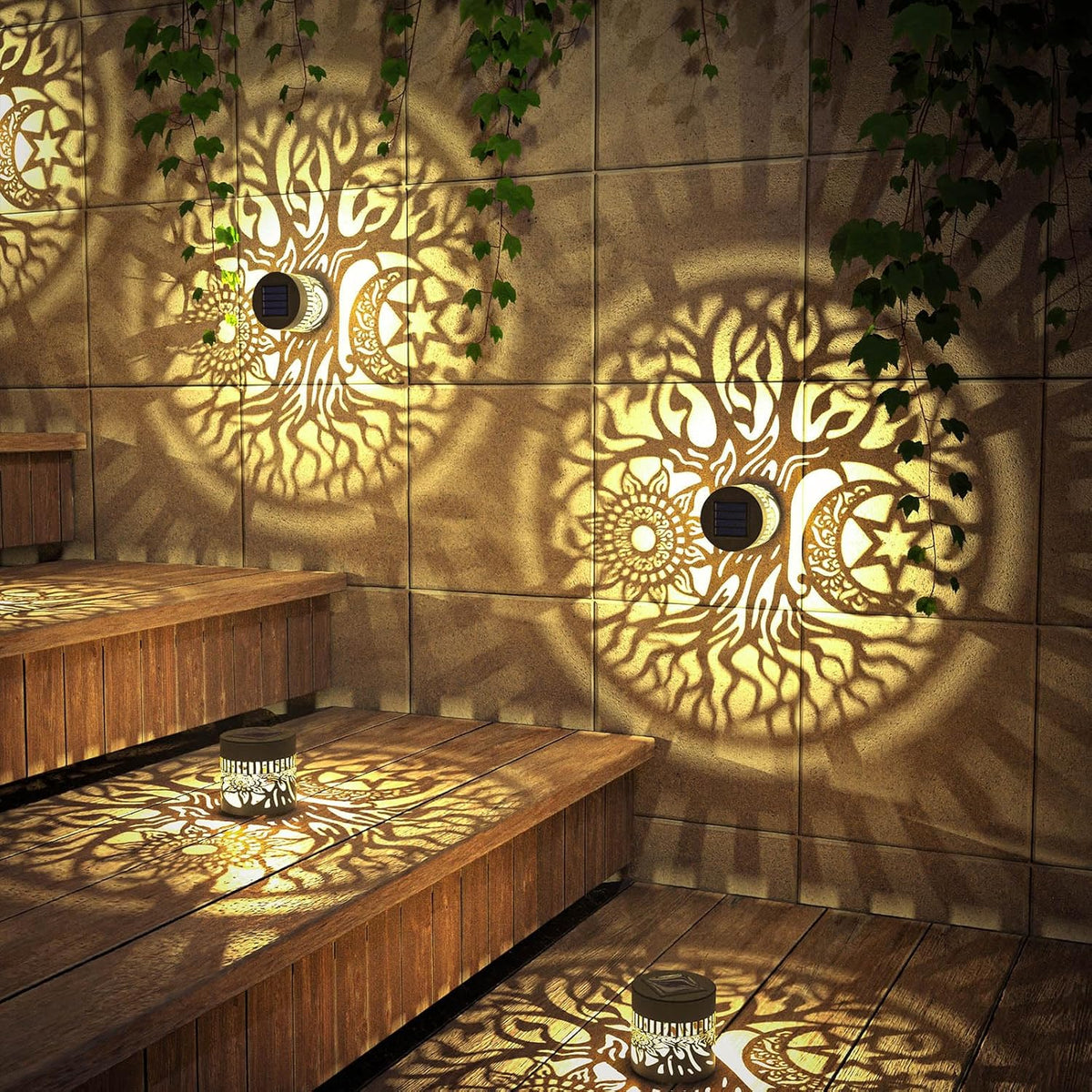 4 Pack Solar Fence Lights Metal Solar Powered Outdoor Wall Deck Step Lights Tree Theme Waterproof