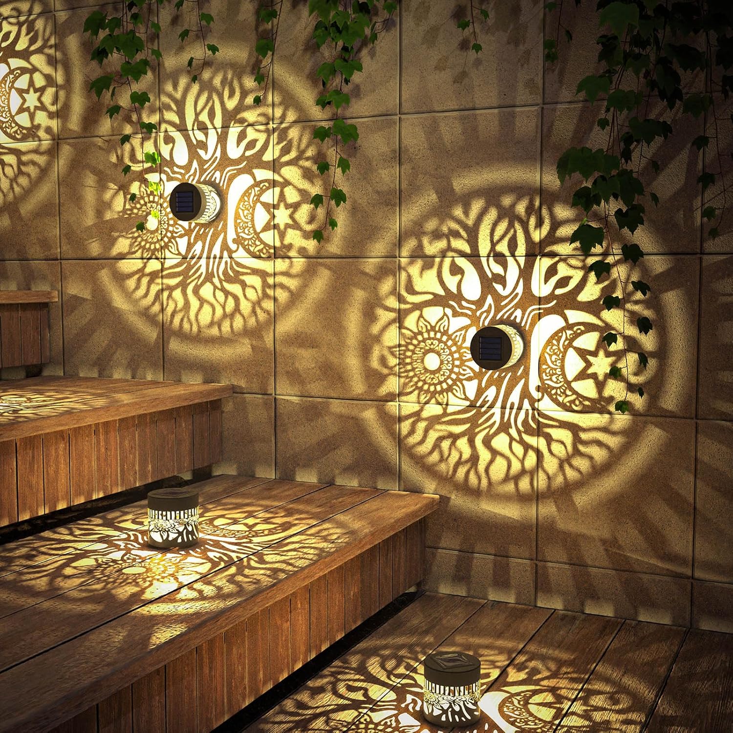 4 Pack Solar Fence Lights Metal Solar Powered Outdoor Wall Deck Step Lights Tree Theme Waterproof