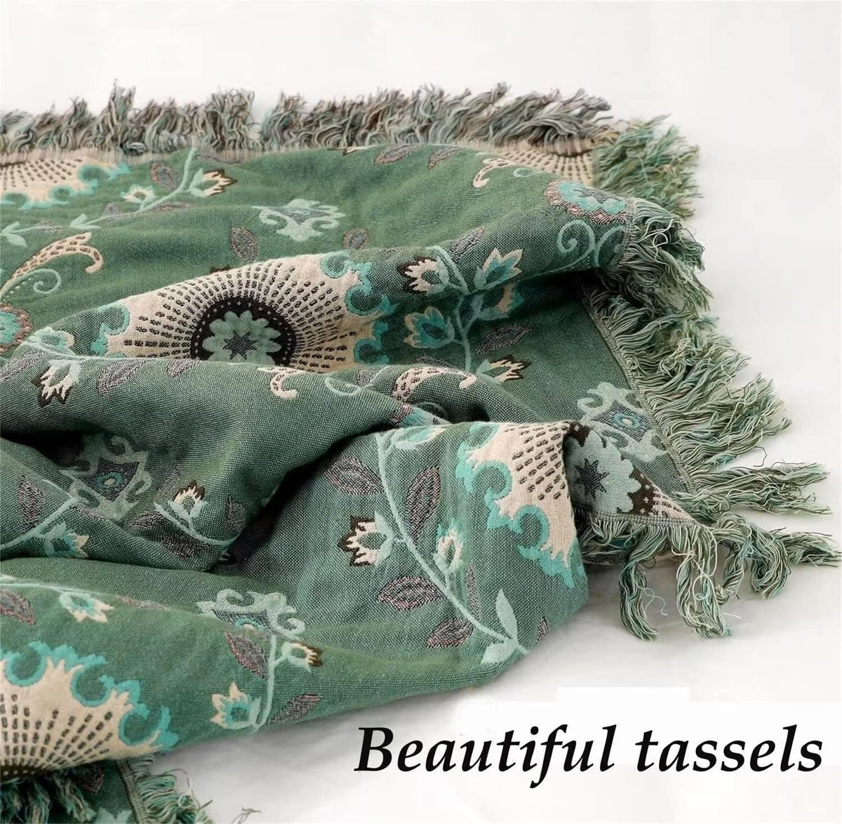 MSGKV Boho Throw Blanket for Couch Bed 100% Cotton Blankets Woven Green Blanket,Versatile Double
