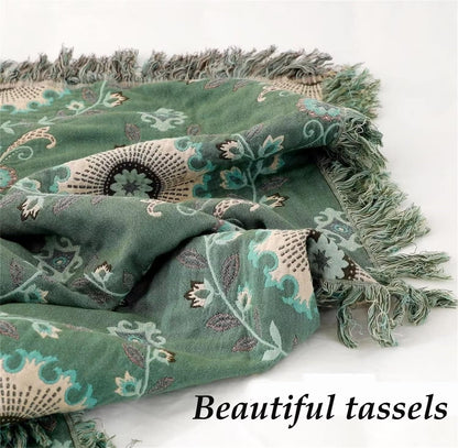 MSGKV Boho Throw Blanket for Couch Bed 100% Cotton Blankets Woven Green Blanket,Versatile Double