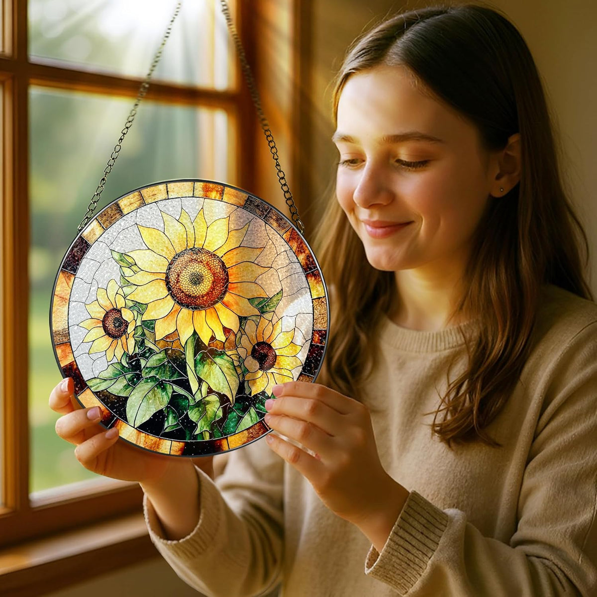 Sunflower Stained Glass Suncatcher, Stained Glass Window Hanging, 8 Inch Sunflower Suncatcher