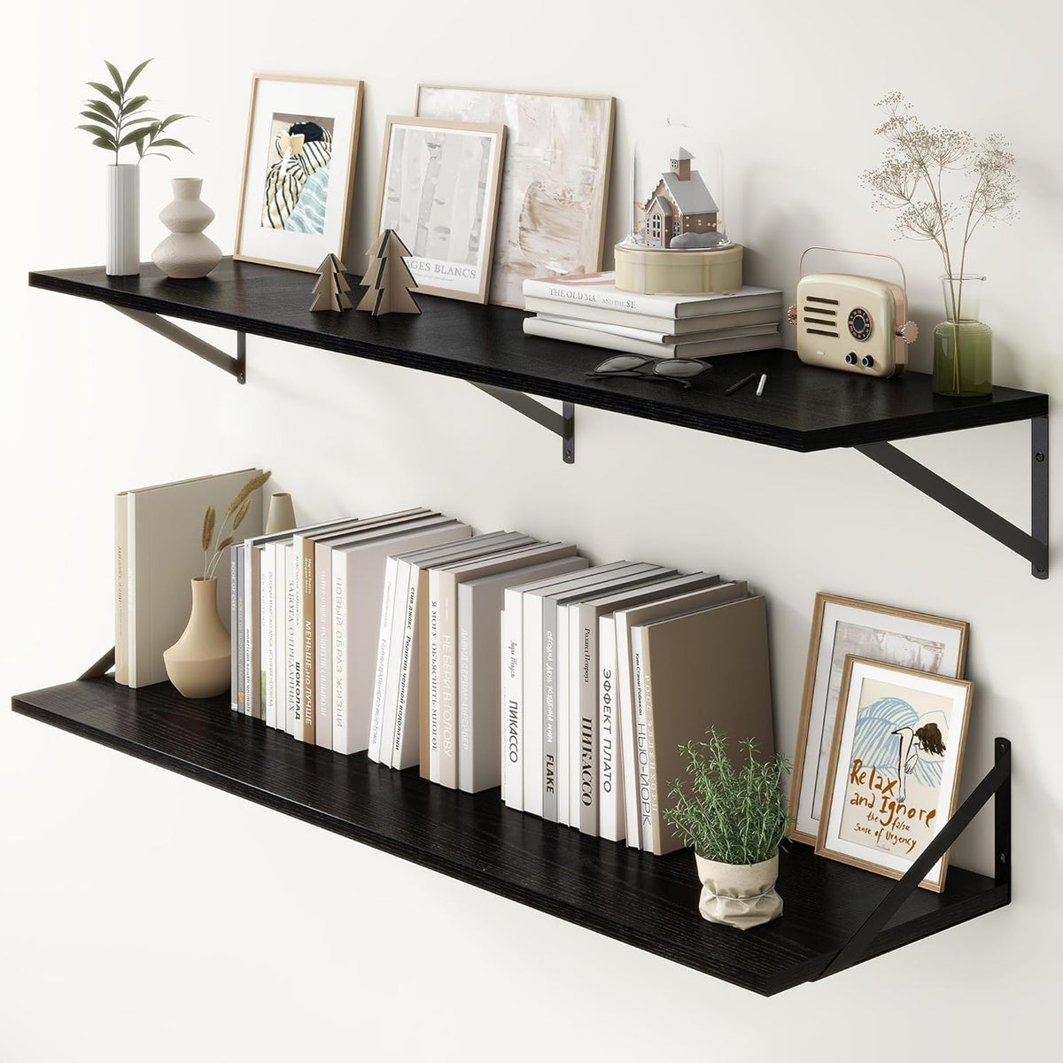 Fun Memories Deep Floating Shelves, 55W x 12D Floating Shelves for Wall, Wood Black Floating Shelf