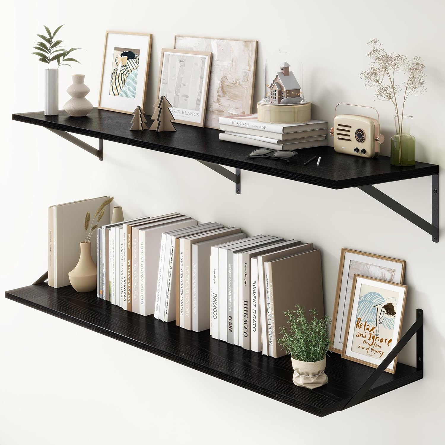 Fun Memories Deep Floating Shelves, 55W x 12D Floating Shelves for Wall, Wood Black Floating Shelf