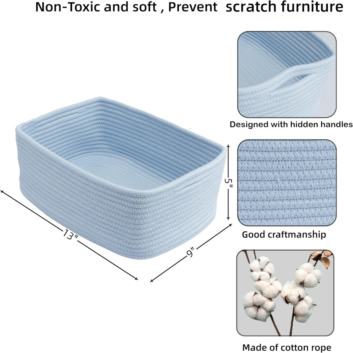 Small Woven Storage Baskets 13“X9”X5“ Decorative Rope Bins for Organizing Shelves, Closets, and