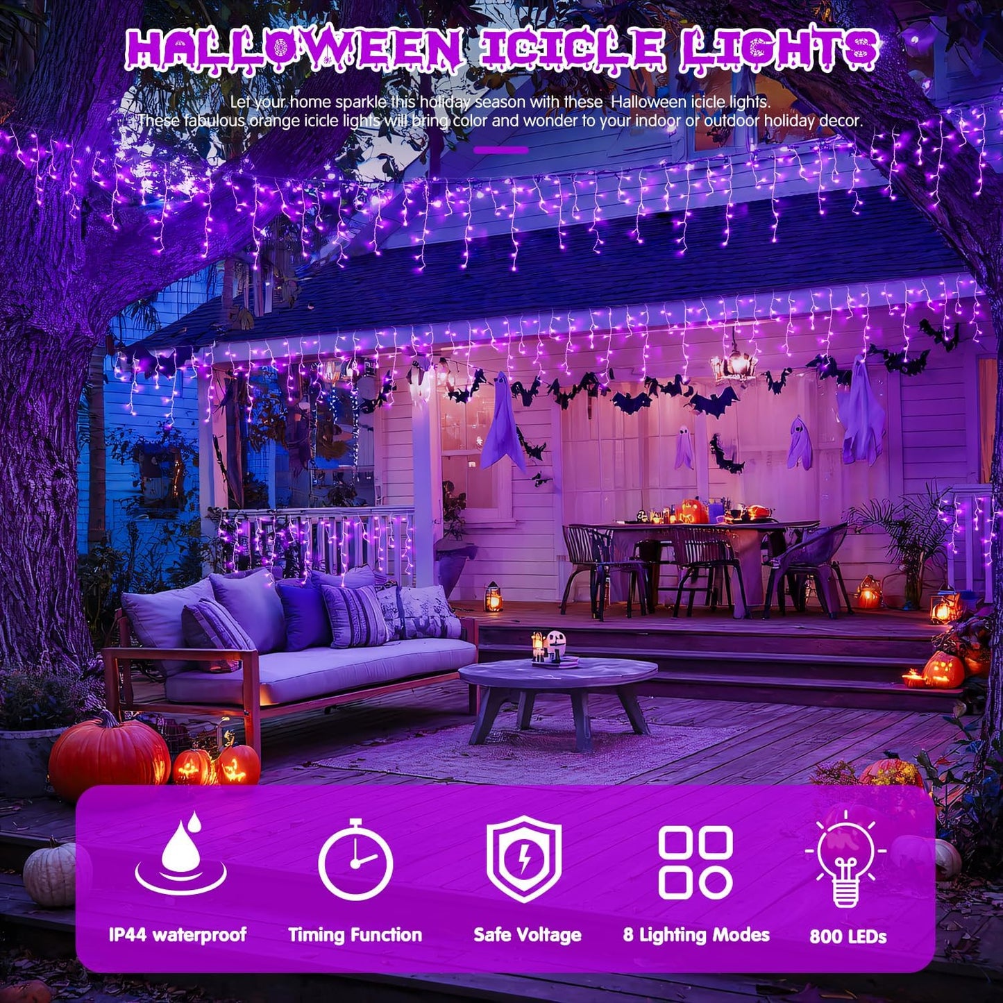 JMEXSUSS Purple Halloween Lights Outdoor, 800 LED Purple Icicle Lights Outdoor Waterproof, 8 Modes