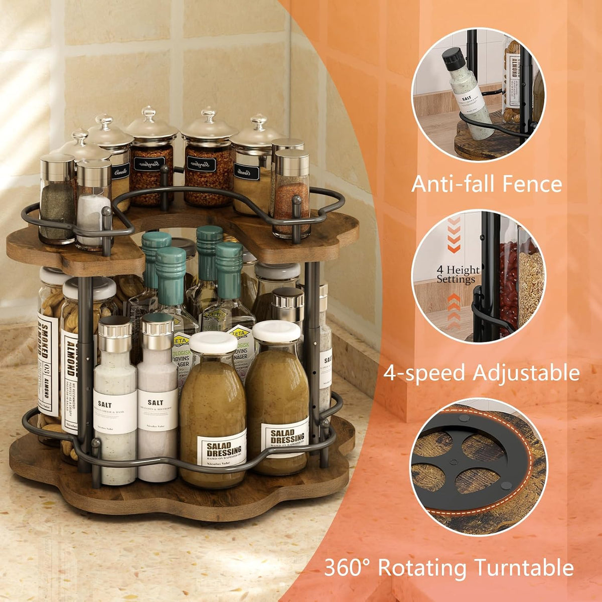 2 Tier Lazy Susan Organizer,2-Tier Spinning Spice Rack with Stable Carousel Base & 4 Height