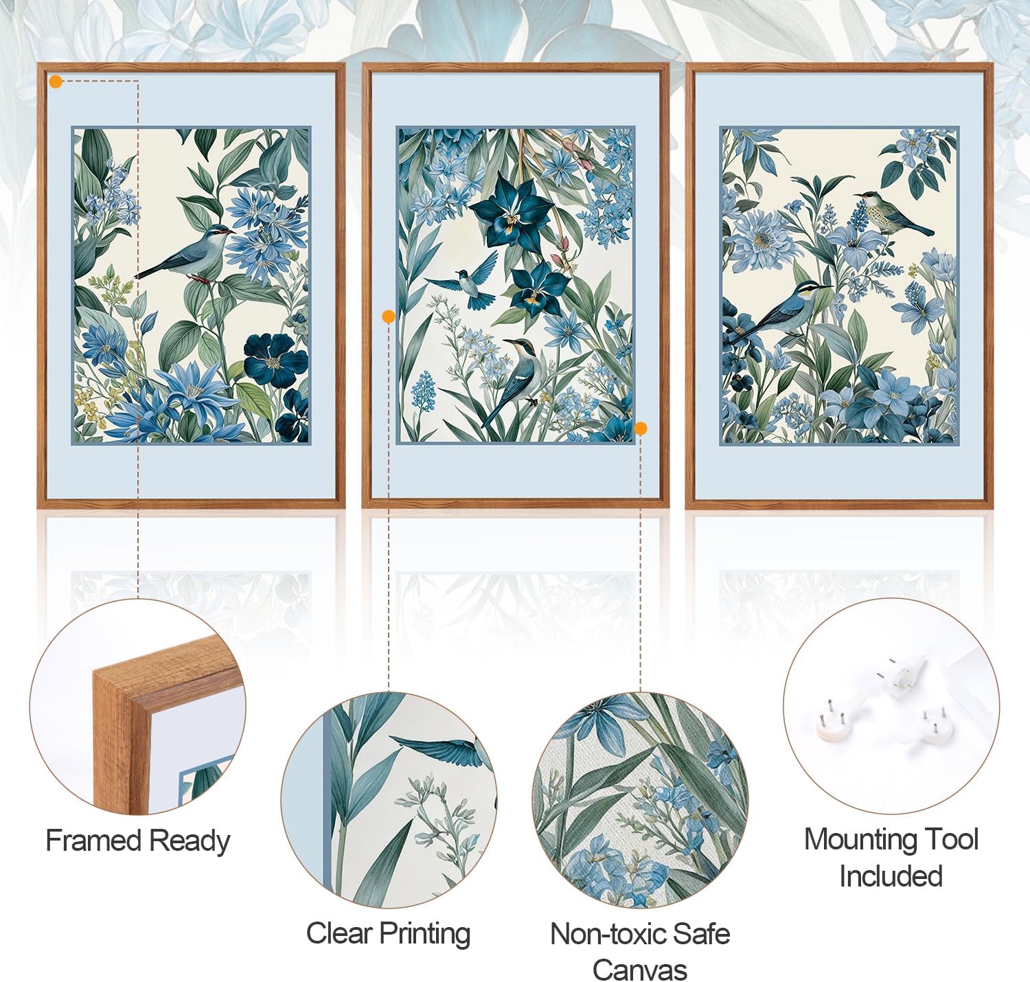 Aurlan Vintage Blue Birds and Botanical Framed Wall Art(16"x24"), 3PCS Classic Chinoiserie Audubon