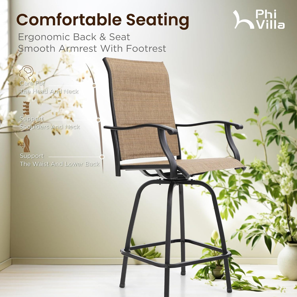 PHI VILLA 7 Piece Patio Bar Dining Set, Bar Height Outdoor Table and Chairs with 6 Swivel Bar