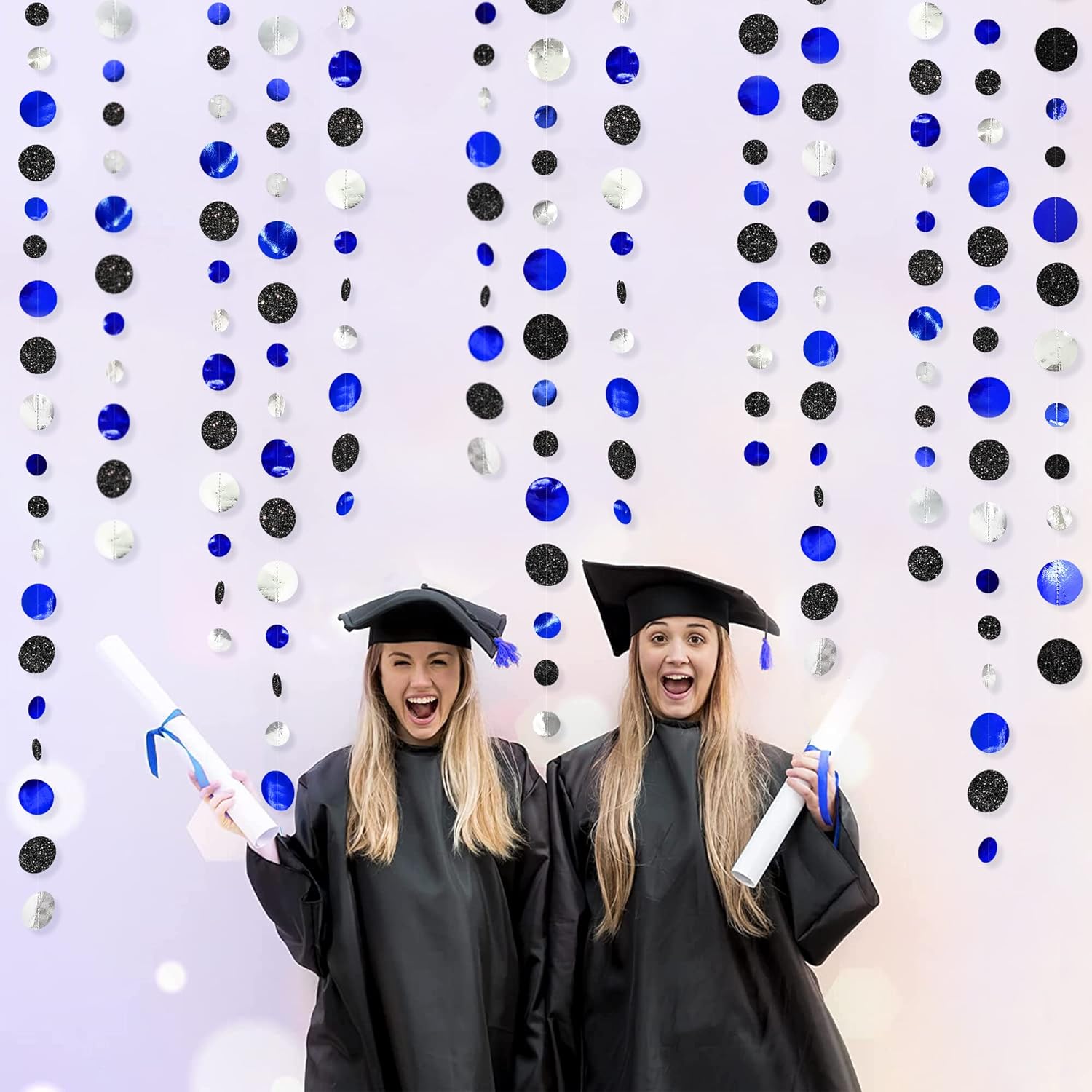 46Ft Navy Blue Black Silver Circle Dots Garland Royal Blue Black Polka Dots Streamer for Birthday