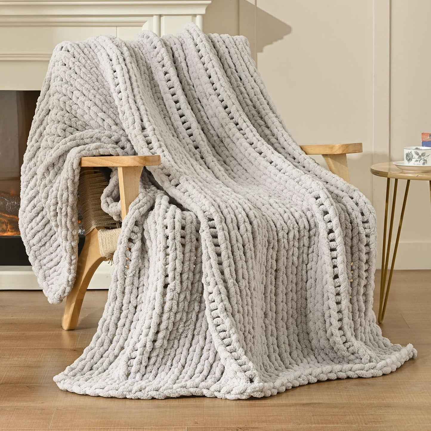 Esterra Chunky Knit Blanket Throw 50"x60", 100% Hand Knitted Chenille Throw Blanket, Cozy Soft
