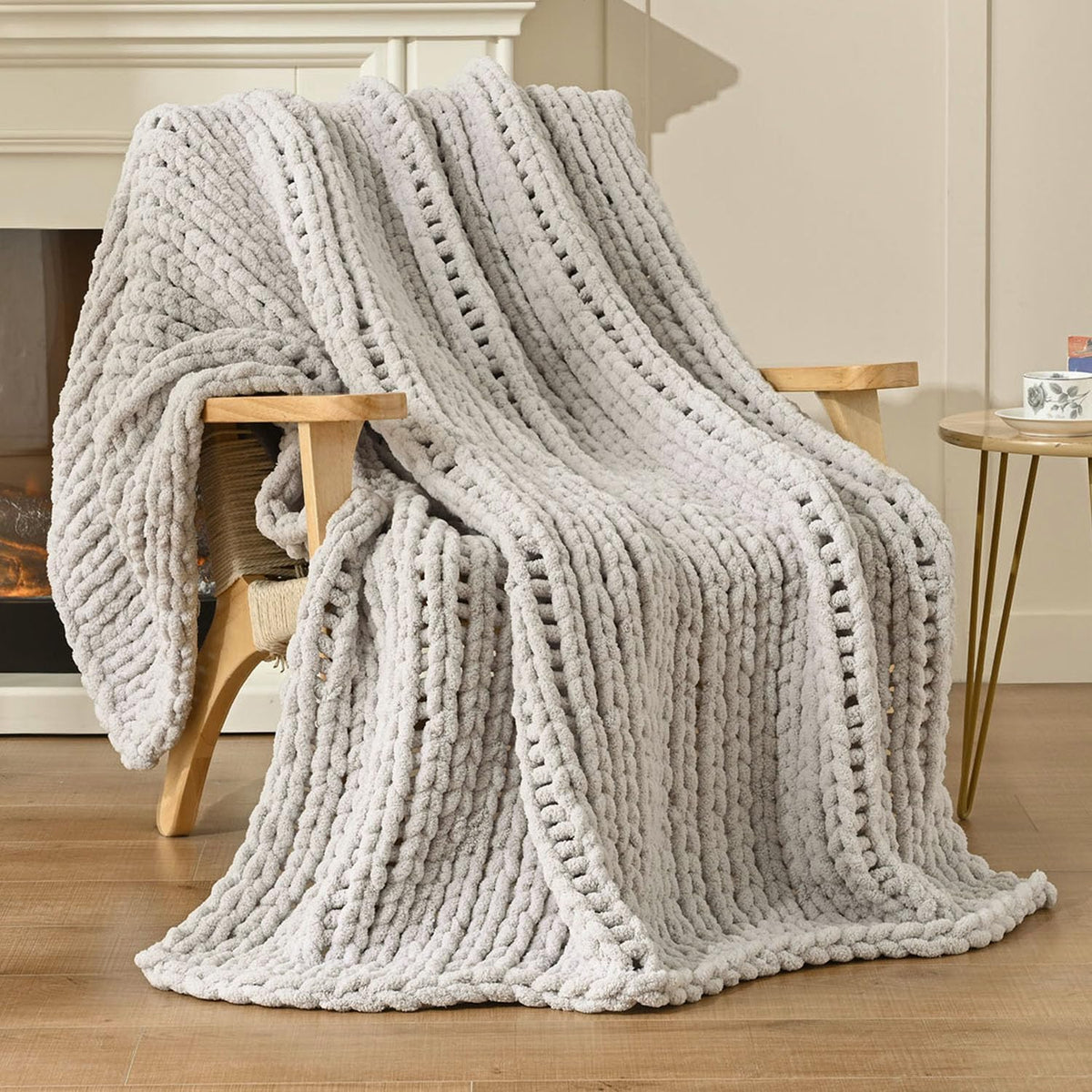 Esterra Chunky Knit Blanket Throw 50"x60", 100% Hand Knitted Chenille Throw Blanket, Cozy Soft