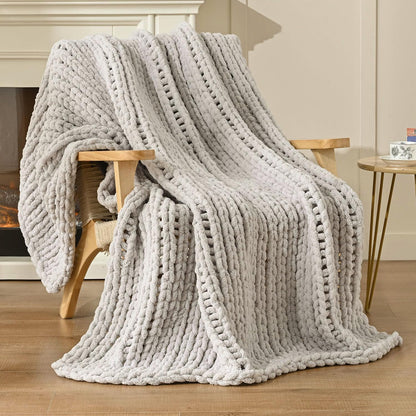 Esterra Chunky Knit Blanket Throw 50"x60", 100% Hand Knitted Chenille Throw Blanket, Cozy Soft