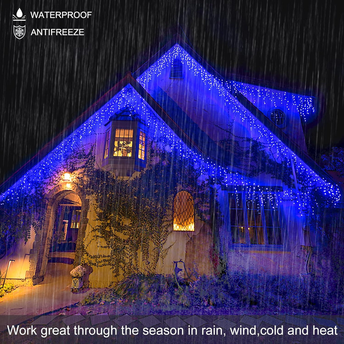 33ft 400LED Icicle Lights for Outside, Blue Christmas Lights for House Patio Yard Porch Backyard