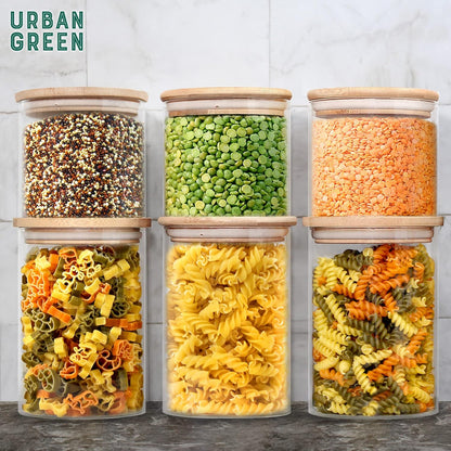 Urban Green Glass Storage Container Bamboo Lids, Glass Airtight Canisters sets, Food Jars, Pantry