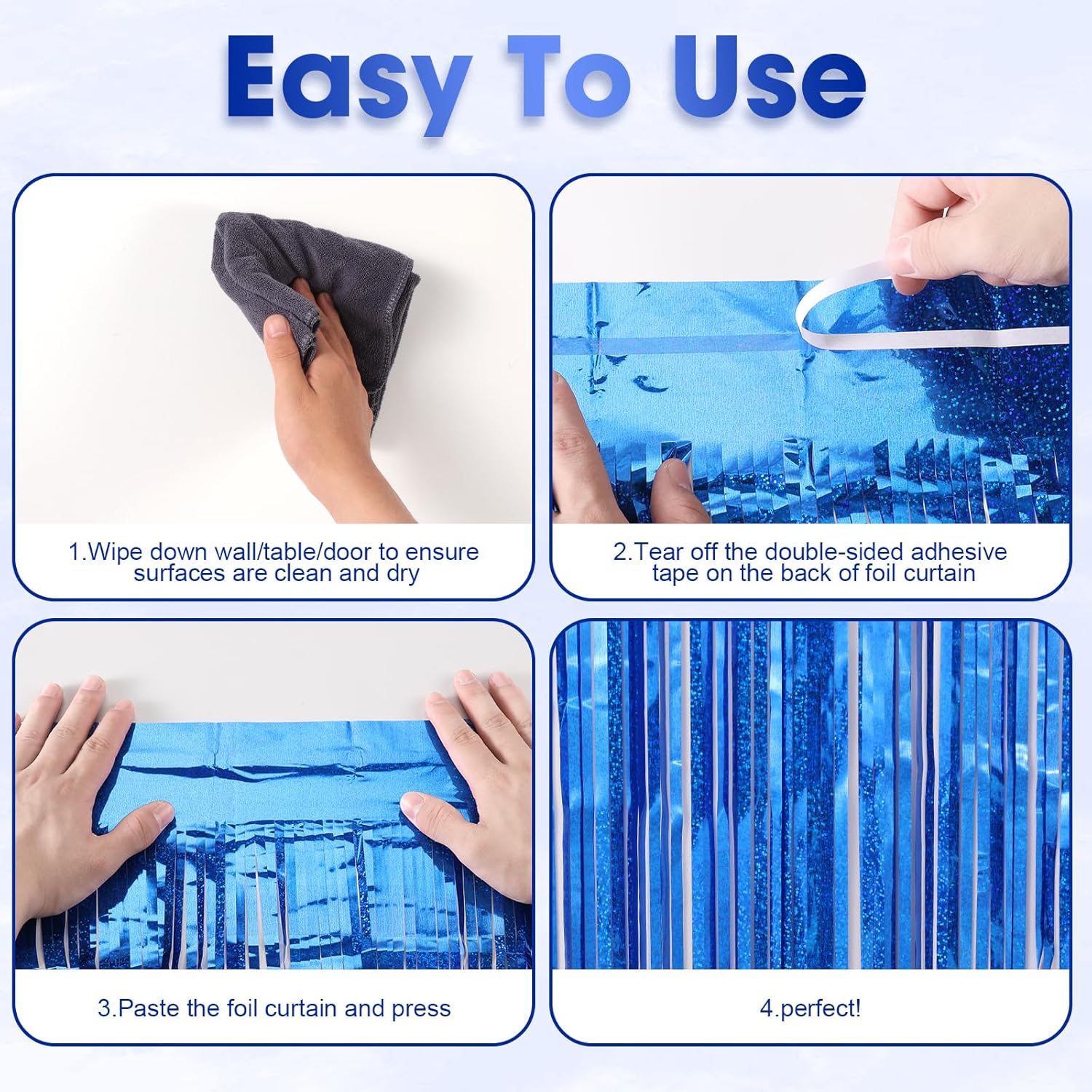 3 Pack 3.3 x 8.2 ft Laser Blue Foil Fringe Backdrop Curtains, Tinsel Streamers Birthday Party