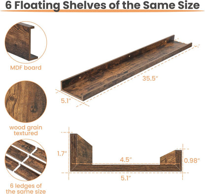 upsimples Floating Shelves for Wall, Wall Shelves for Decor Storage Set of 6, Wall Mounted Wood