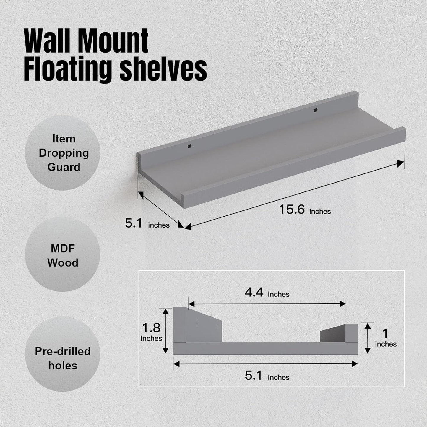 RICHER HOUSE 8 Set Floating Wall Mounted Shelves, Nursery Hanging Book Shelves with Lip for