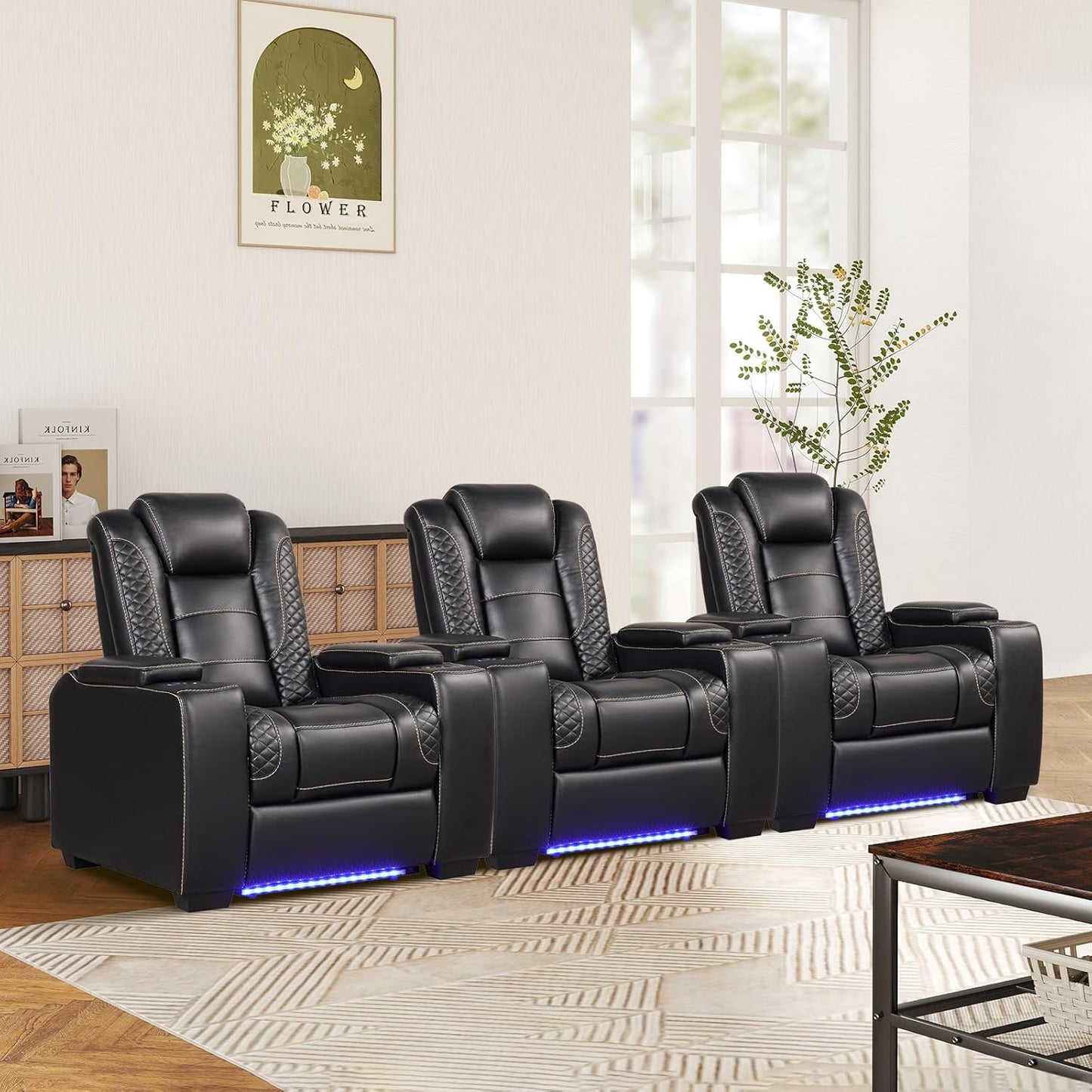 ANJ Power Theater Recliners Set of 3, Electric Home Theater Seating, Black Faux Leather Recliner