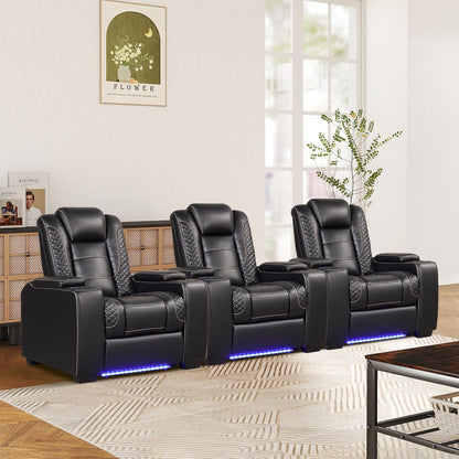 ANJ Power Theater Recliners Set of 3, Electric Home Theater Seating, Black Faux Leather Recliner