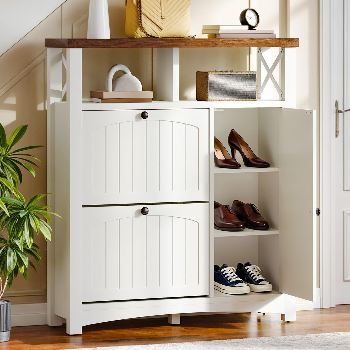 DWVO Set of 2 Shoe Cabinets with 2 Flip Drawers, Farmhouse Shoe Rack w/3-Tier Cabinet, Adjustable