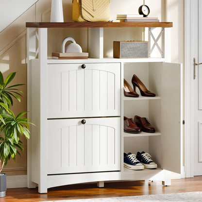 DWVO Set of 2 Shoe Cabinets with 2 Flip Drawers, Farmhouse Shoe Rack w/3-Tier Cabinet, Adjustable