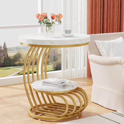 Tribesigns Gold Round End Table: 2 Tiers Faux Marble Side Table with Storage Shelf, Modern White