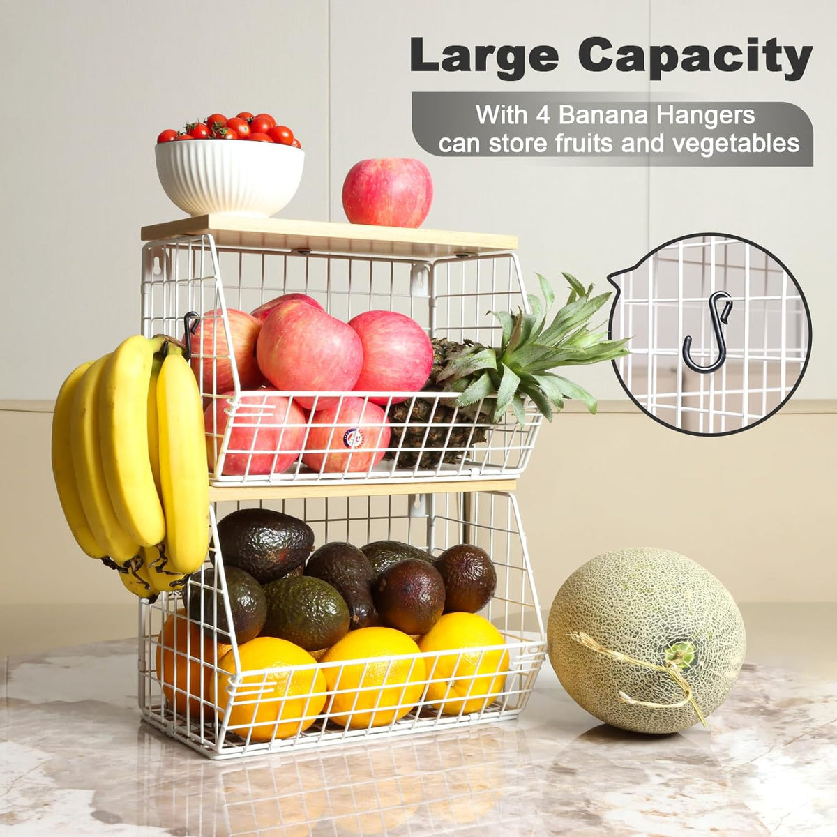 Fruit Basket, 2-Tier Fruit Bowl for Kitchen Counter, Stackable Wall Mounted Fruit Storage, Snack
