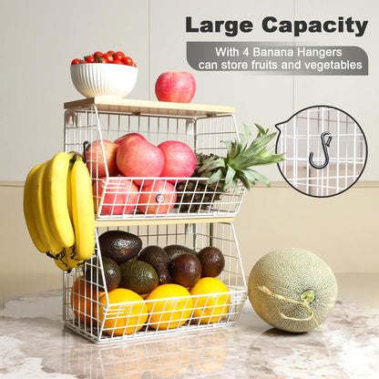 Fruit Basket, 2-Tier Fruit Bowl for Kitchen Counter, Stackable Wall Mounted Fruit Storage, Snack