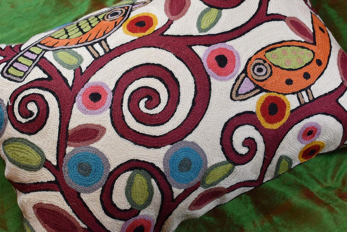 Lumbar Klimt Modern Pillow Cover | Cream, Multicolor Tree of Life, Birds, Floral Suzani Floral