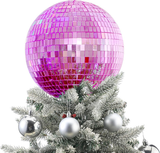 Retisee 8'' Pink Disco Ball Christmas Tree Topper Disco Mirror Ball Xmas Tree Topper 3D Hollow Pink