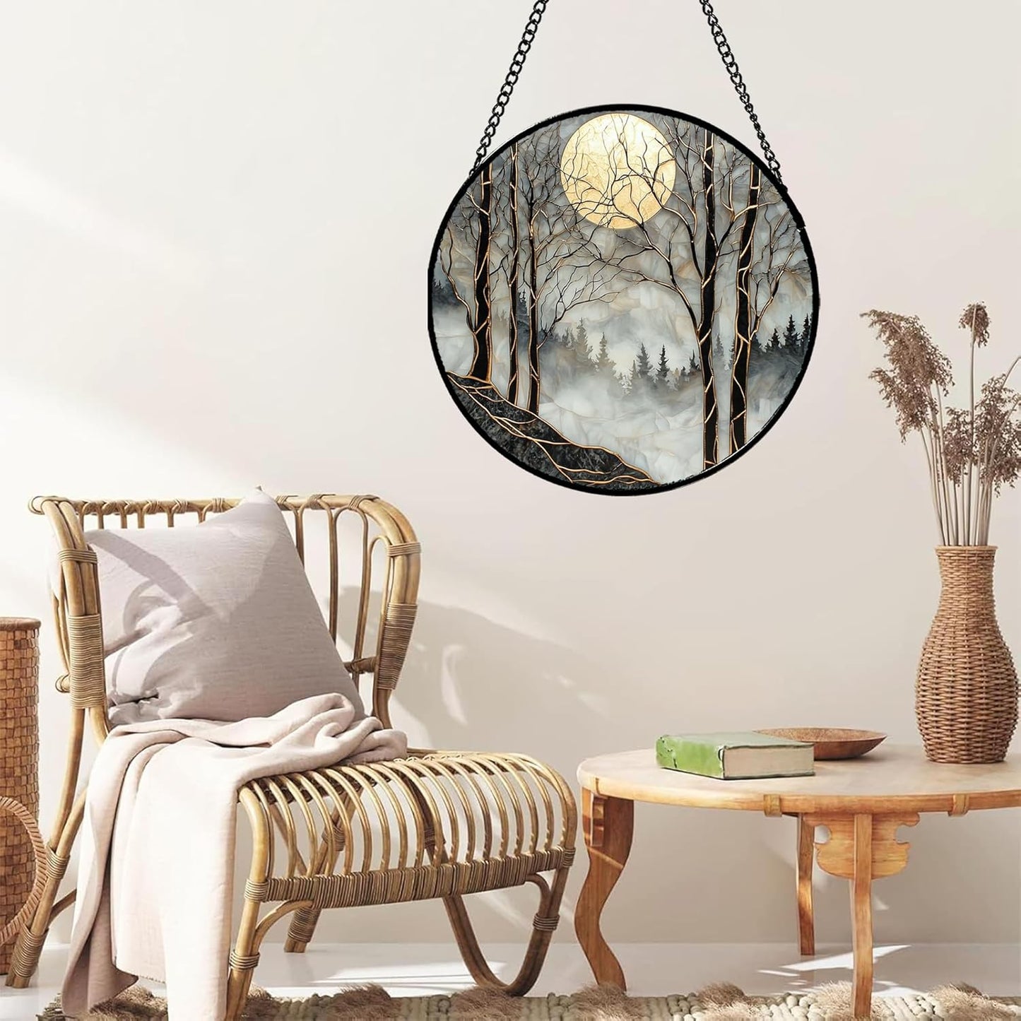 Stained Glass Window Hanging - Black and White Gold Moon Forest Sun Catcher for Door Home Decor