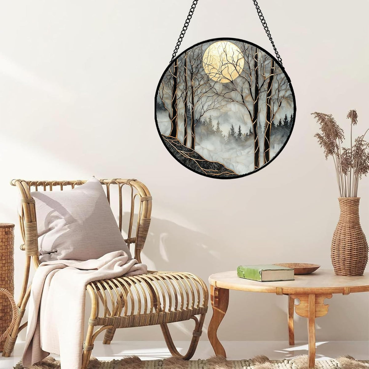 Stained Glass Window Hanging - Black and White Gold Moon Forest Sun Catcher for Door Home Decor