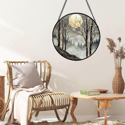 Stained Glass Window Hanging - Black and White Gold Moon Forest Sun Catcher for Door Home Decor