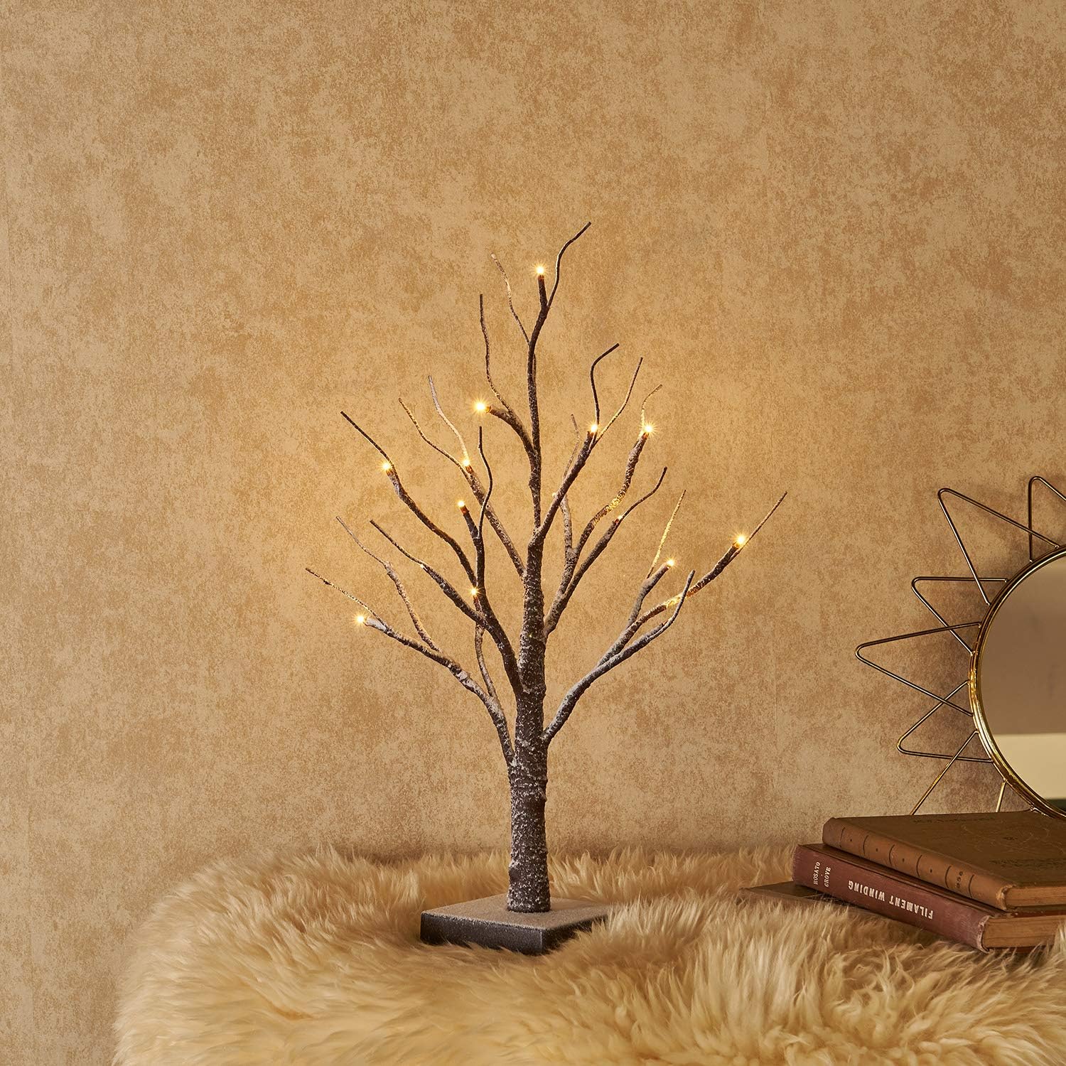 Hairui Pre Lit Tabletop Snow Dusted Tree with Timer 24LED 18IN Battery Operated for Christmas